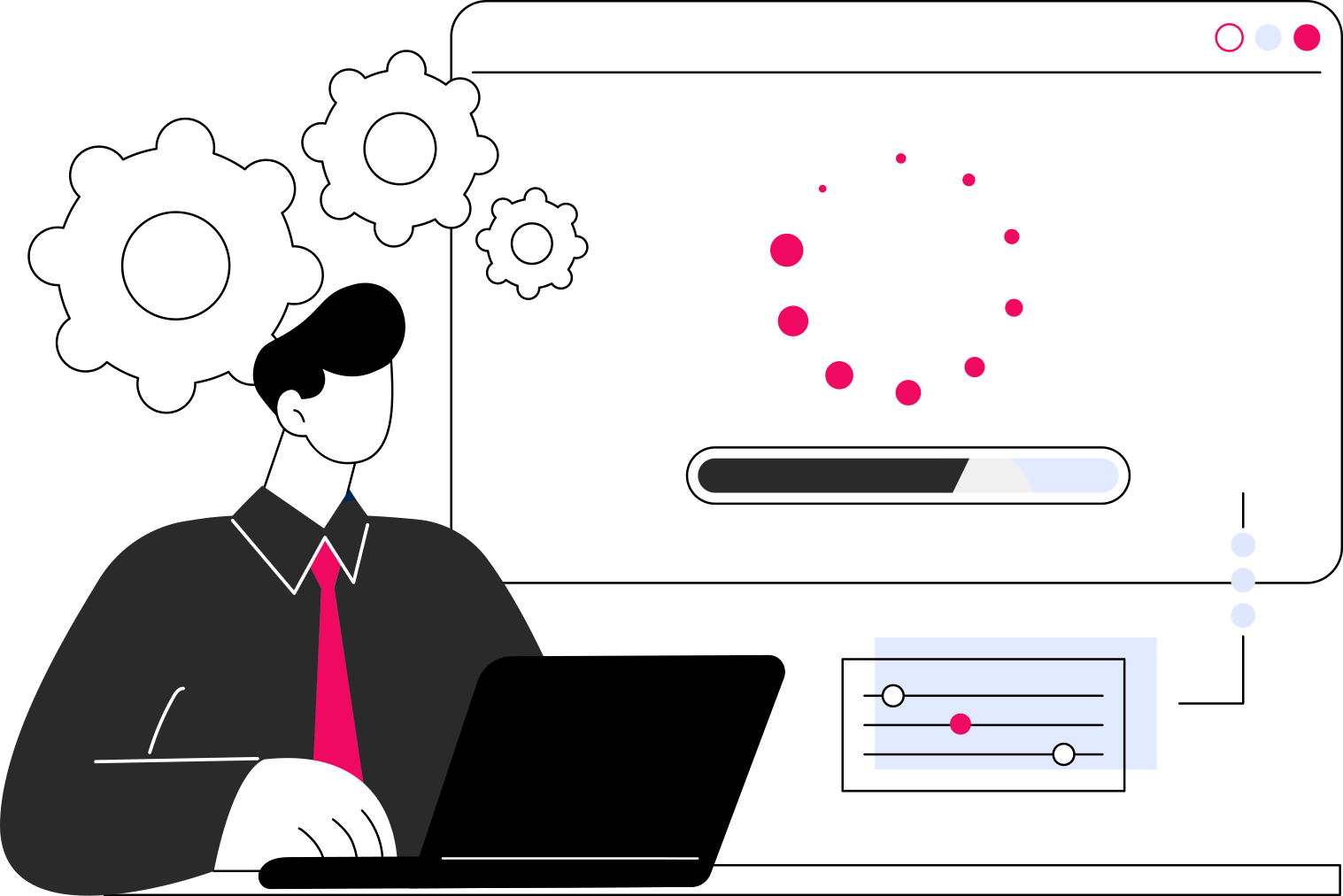 Ilustração de um profissional em um notebook acompanhando atualizações, engrenagens e ajustes de um site no ar