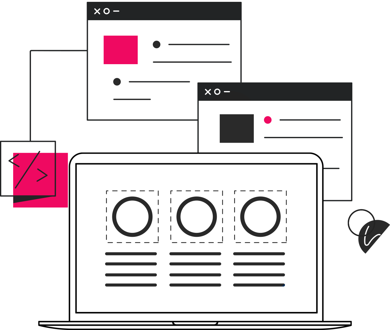 Ilustração de um notebook exibindo o layout de um site em construção, com janelas de navegador e um bloco de código ao redor