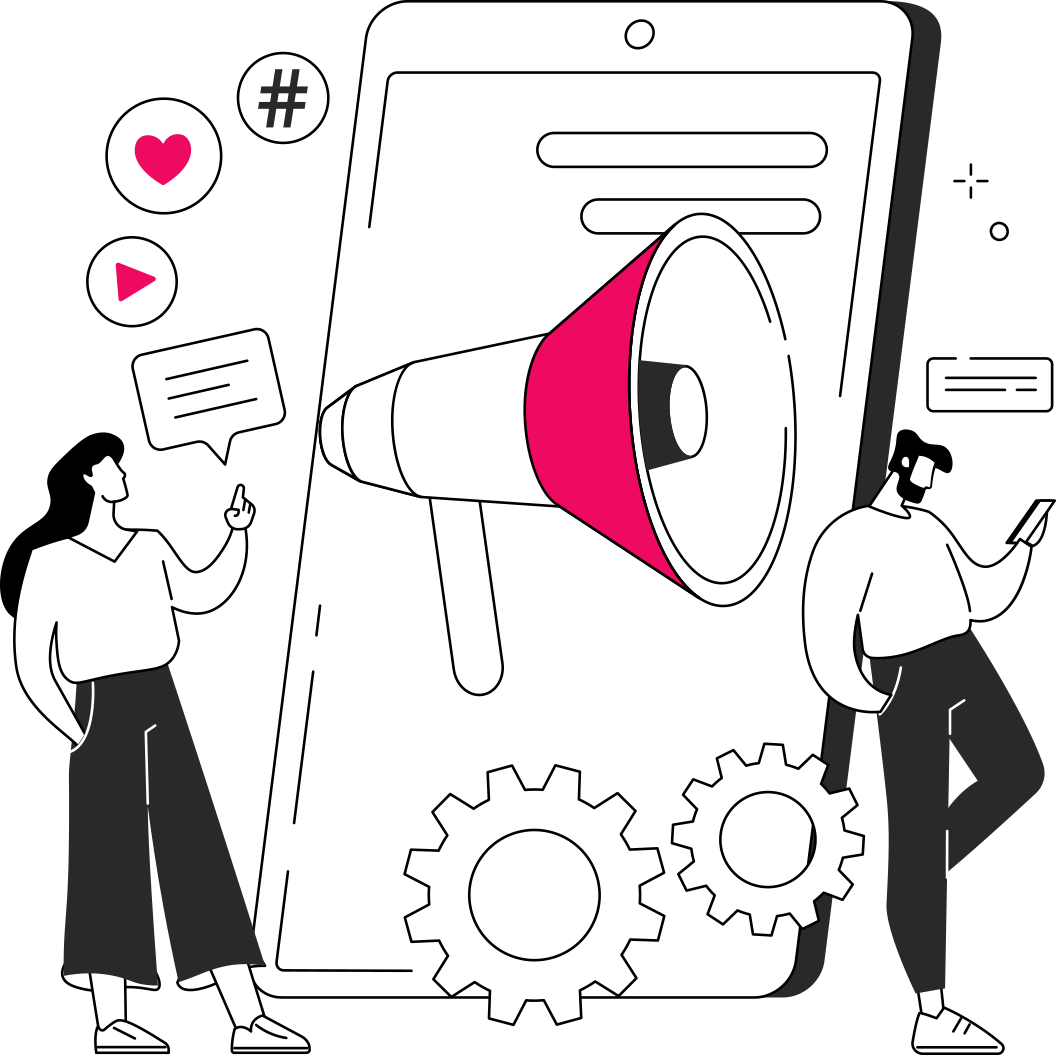 Ilustração de duas pessoas ao lado de um megafone saindo da tela de um celular, cercado por ícones de interação