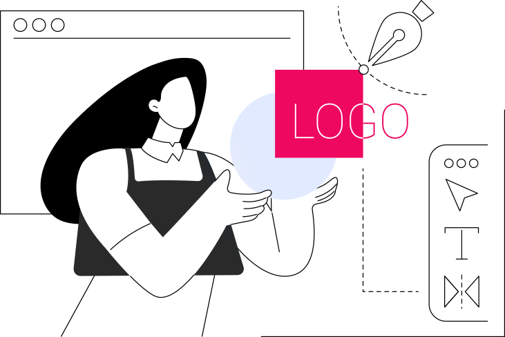 Ilustração de uma designer segurando o logotipo de uma marca, ao lado de ferramentas de desenho vetorial
